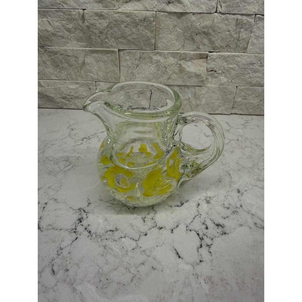 Clear Glass Mini Pitcher Creamer Encased Yellow Floral Design 3"